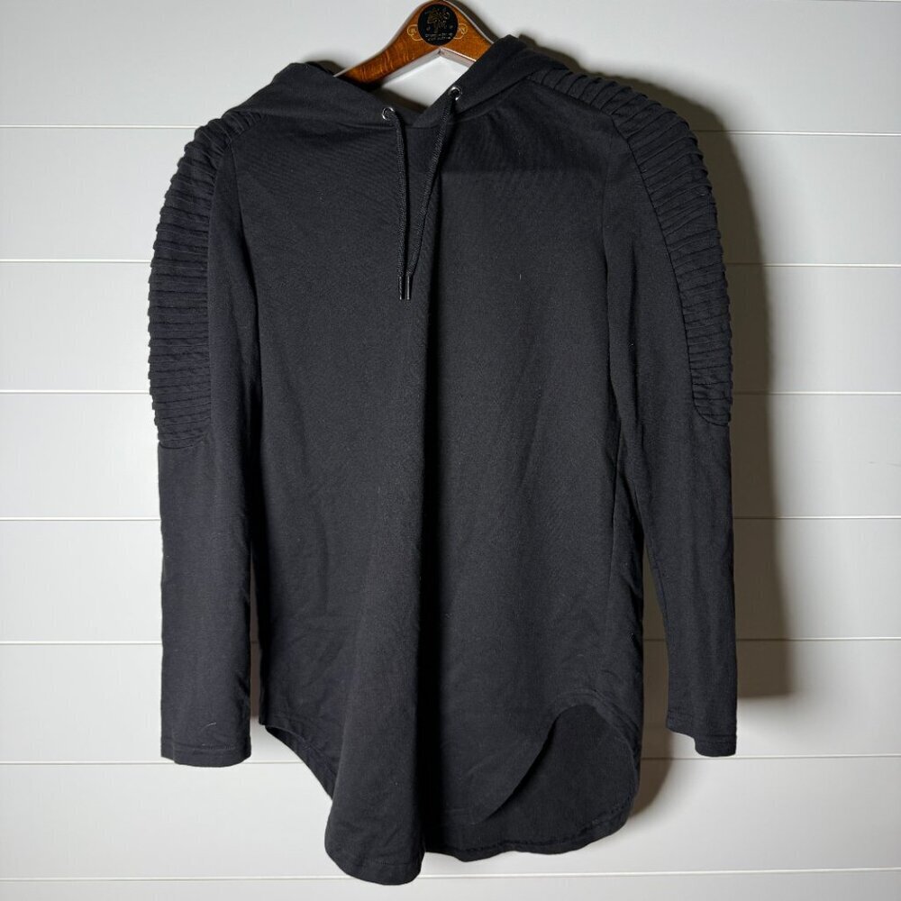 Hooded Black Shirt with Gathers on Shoulders Sz. Large